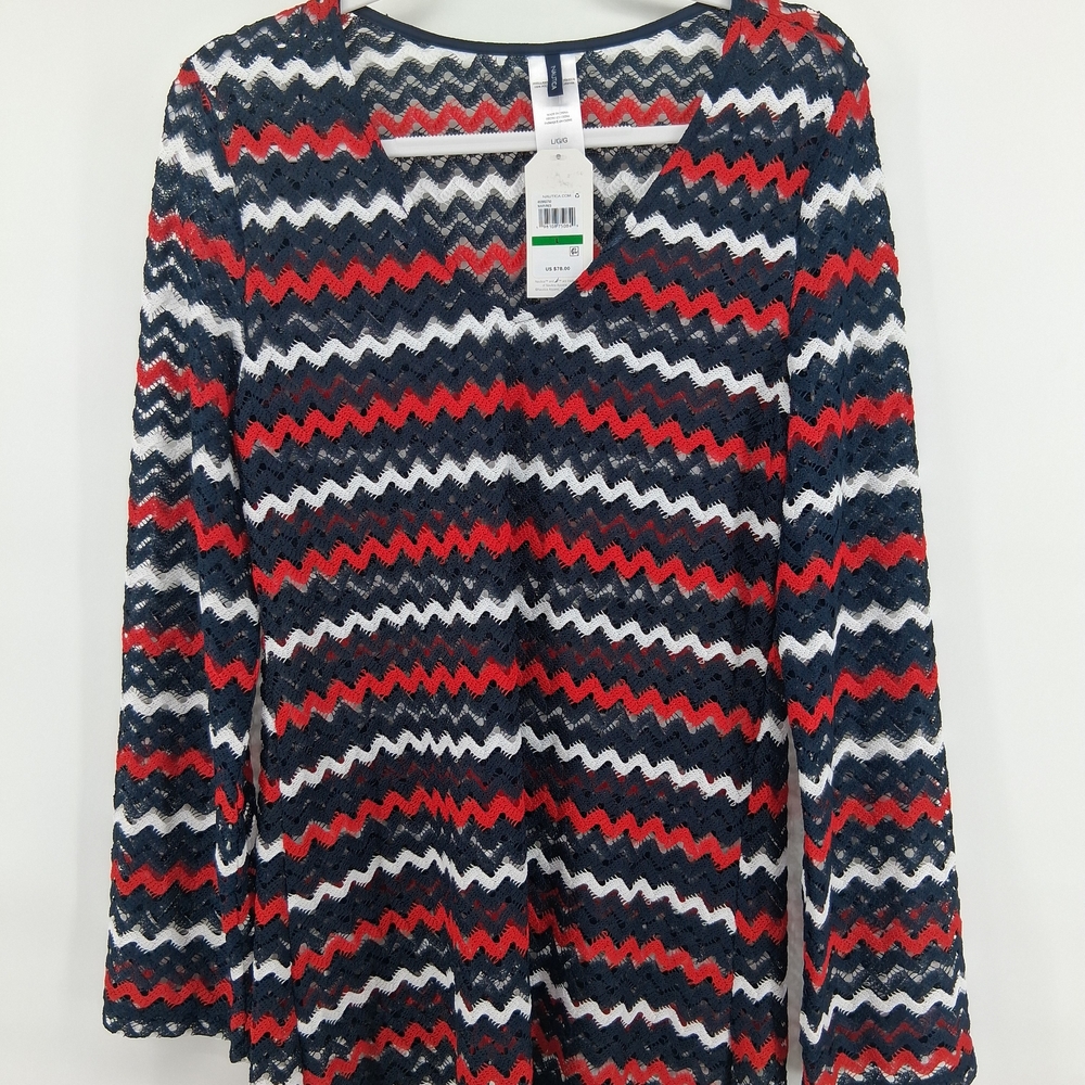 Nautica Red, Navy & White Chevron Lace Long Sleeve Top